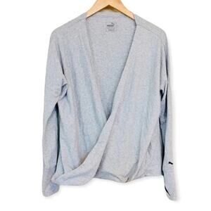 PUMA Womens Gray Long Sleeve Faux Wrap Top Size LARGE Drape Pullover Yoga Ballet